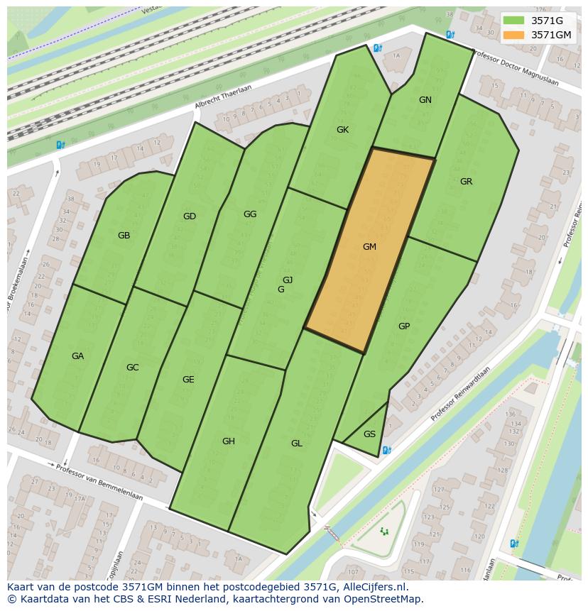 Afbeelding van het postcodegebied 3571 GM op de kaart.