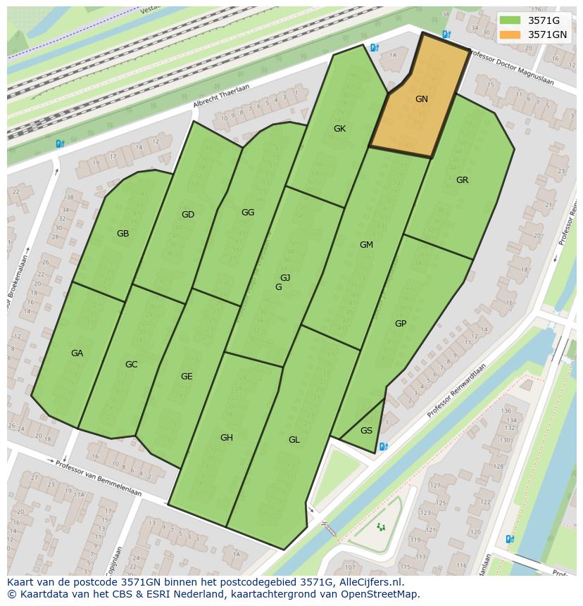 Afbeelding van het postcodegebied 3571 GN op de kaart.