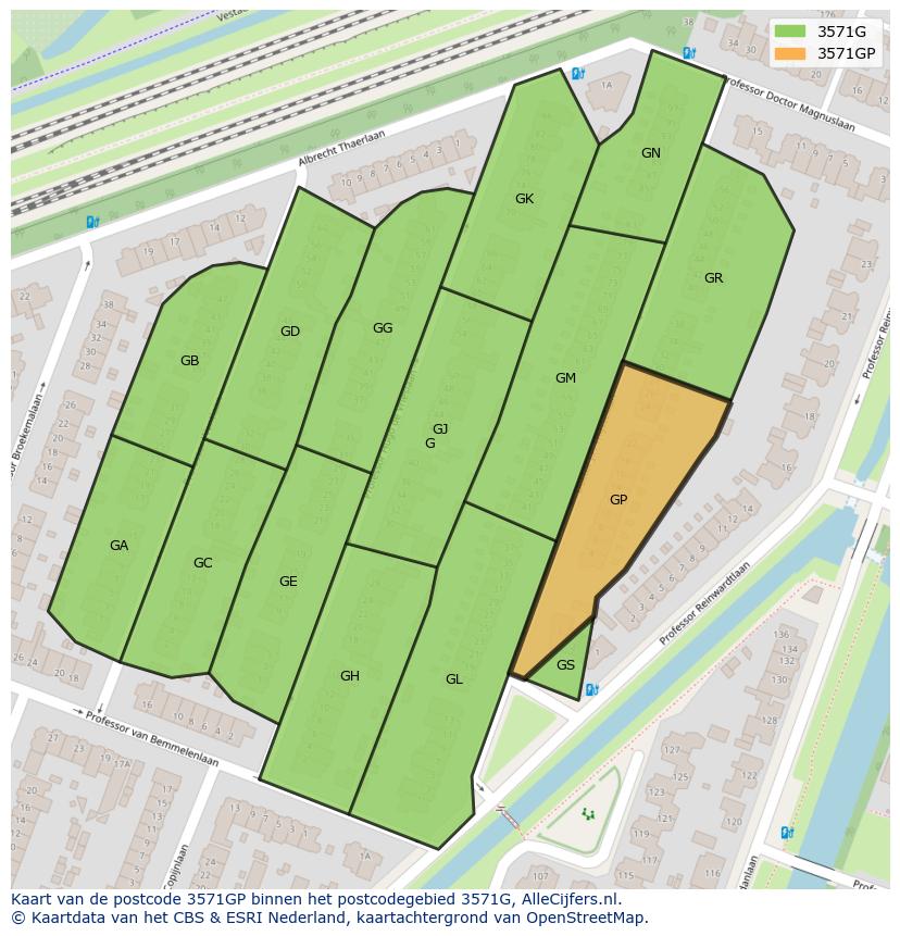 Afbeelding van het postcodegebied 3571 GP op de kaart.