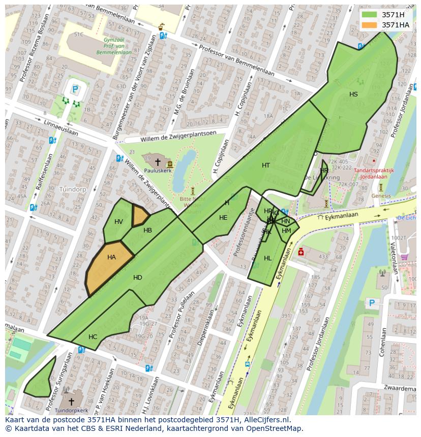 Afbeelding van het postcodegebied 3571 HA op de kaart.