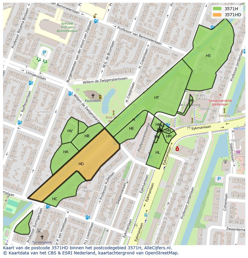 Afbeelding van het postcodegebied 3571 HD op de kaart.