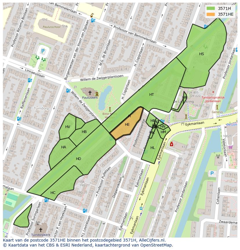 Afbeelding van het postcodegebied 3571 HE op de kaart.