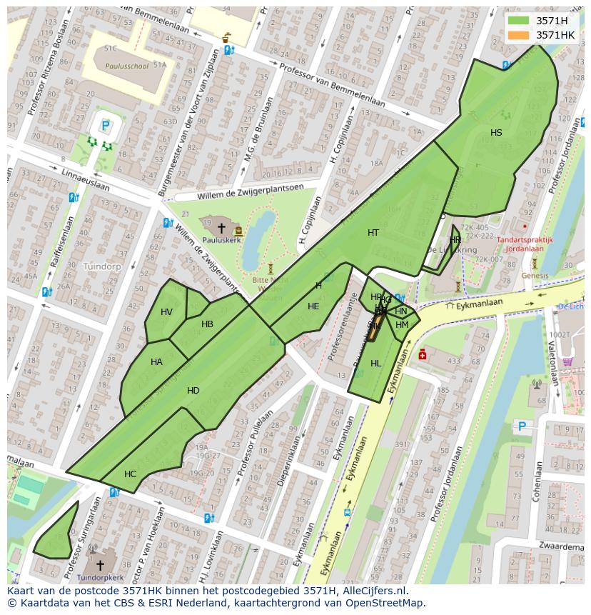 Afbeelding van het postcodegebied 3571 HK op de kaart.
