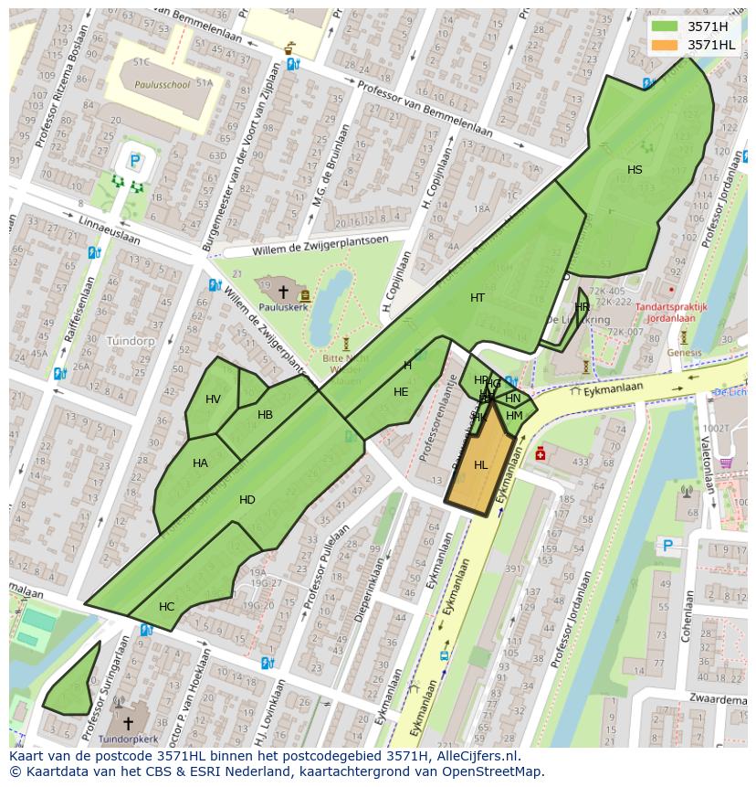 Afbeelding van het postcodegebied 3571 HL op de kaart.