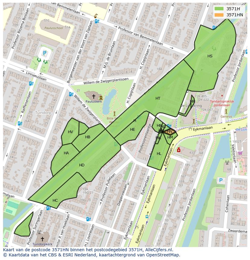 Afbeelding van het postcodegebied 3571 HN op de kaart.