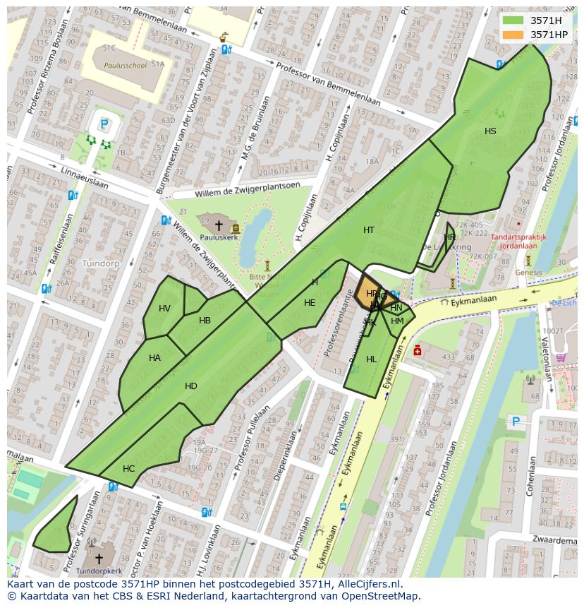 Afbeelding van het postcodegebied 3571 HP op de kaart.