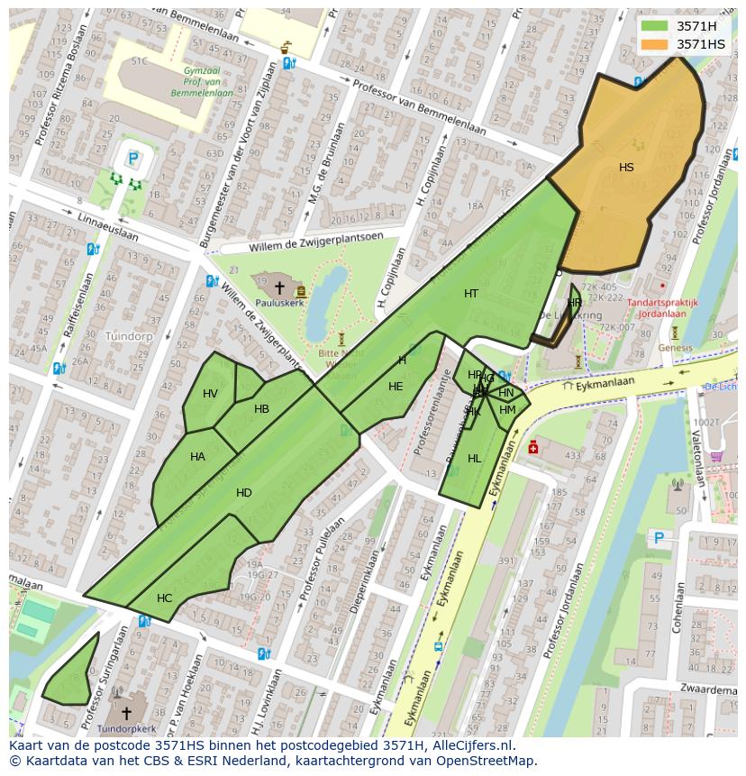 Afbeelding van het postcodegebied 3571 HS op de kaart.
