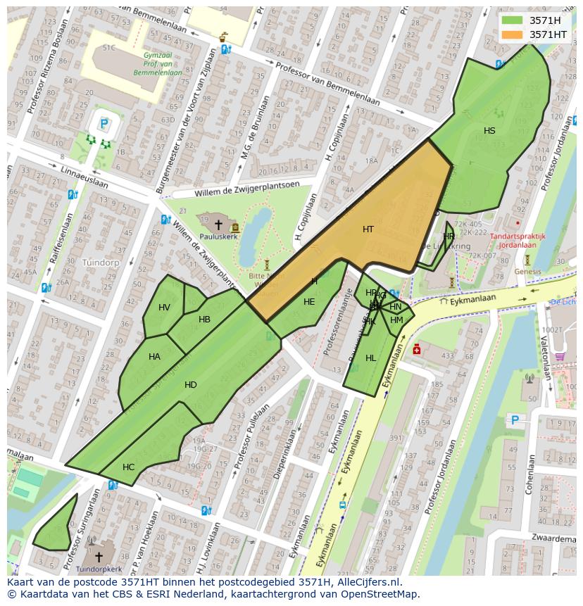 Afbeelding van het postcodegebied 3571 HT op de kaart.
