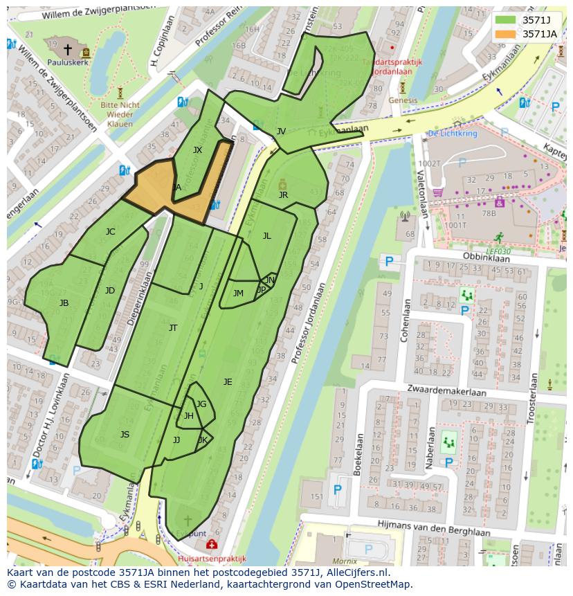 Afbeelding van het postcodegebied 3571 JA op de kaart.
