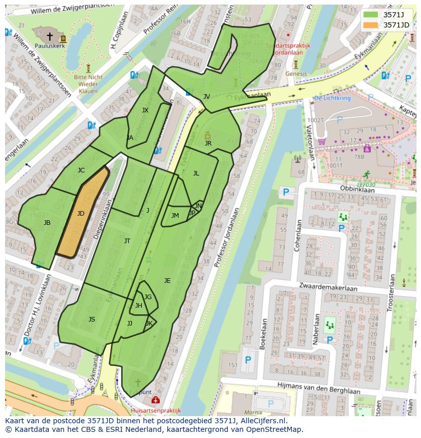 Afbeelding van het postcodegebied 3571 JD op de kaart.