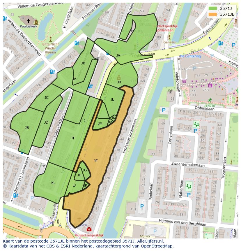 Afbeelding van het postcodegebied 3571 JE op de kaart.