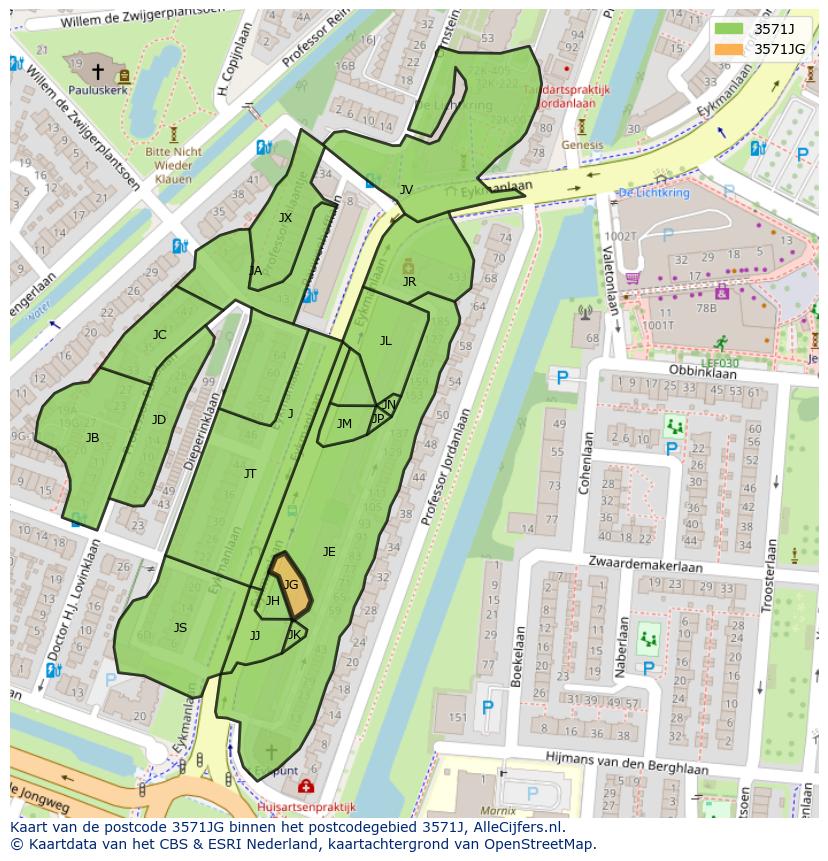 Afbeelding van het postcodegebied 3571 JG op de kaart.