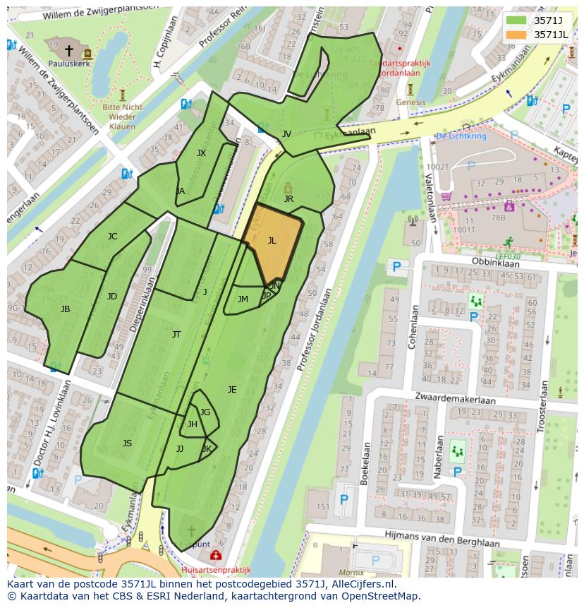 Afbeelding van het postcodegebied 3571 JL op de kaart.