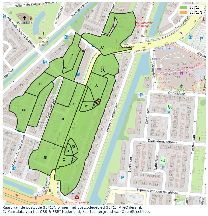 Afbeelding van het postcodegebied 3571 JN op de kaart.