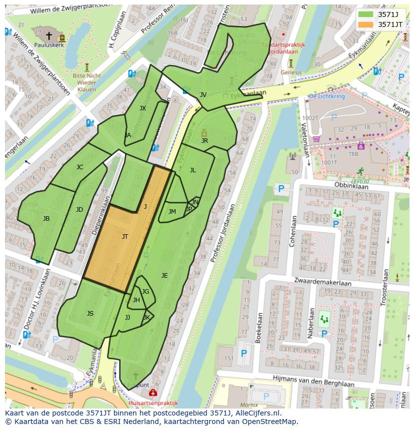 Afbeelding van het postcodegebied 3571 JT op de kaart.