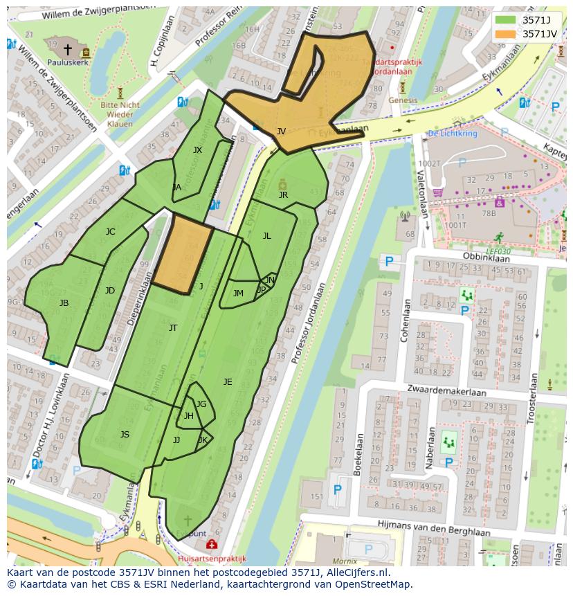 Afbeelding van het postcodegebied 3571 JV op de kaart.