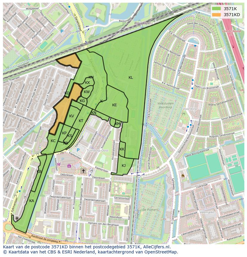 Afbeelding van het postcodegebied 3571 KD op de kaart.