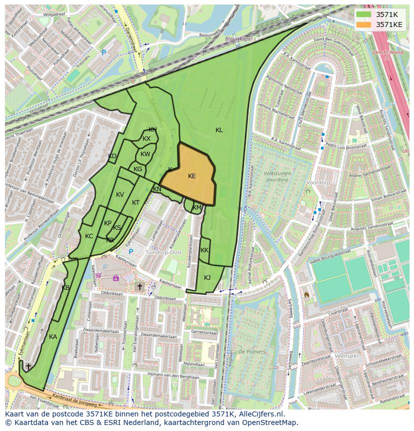 Afbeelding van het postcodegebied 3571 KE op de kaart.