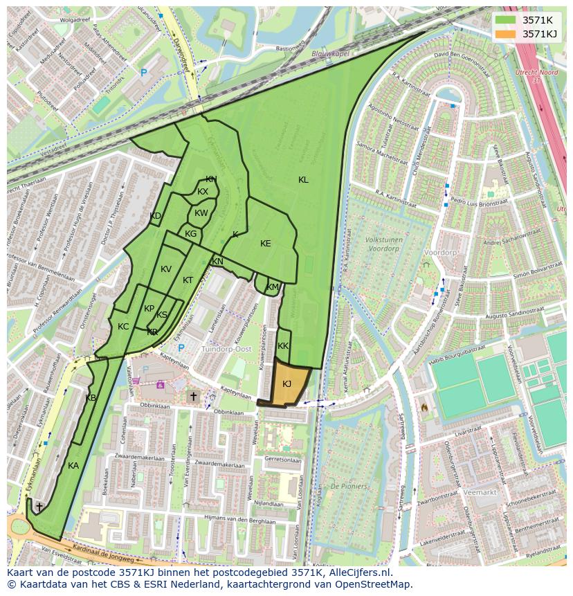 Afbeelding van het postcodegebied 3571 KJ op de kaart.