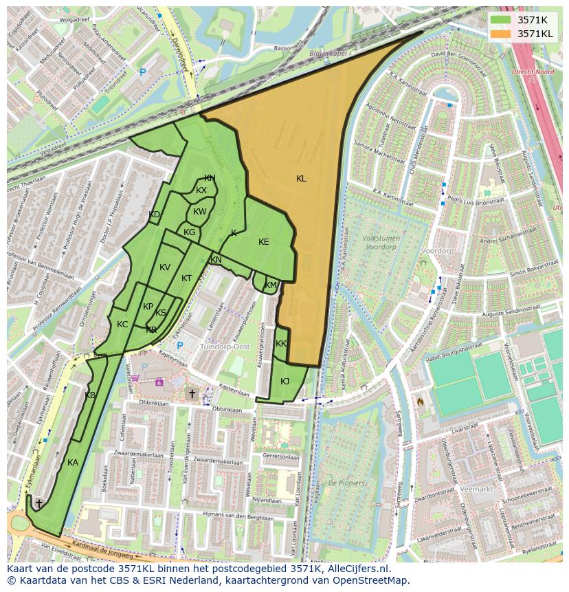 Afbeelding van het postcodegebied 3571 KL op de kaart.