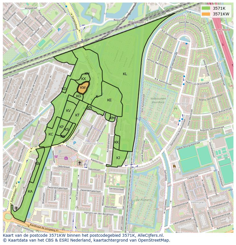 Afbeelding van het postcodegebied 3571 KW op de kaart.