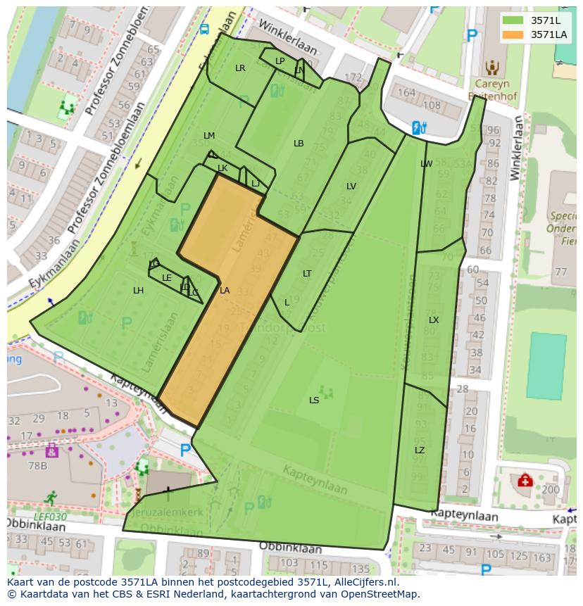 Afbeelding van het postcodegebied 3571 LA op de kaart.