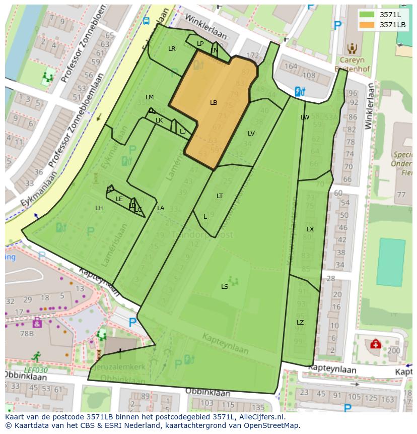 Afbeelding van het postcodegebied 3571 LB op de kaart.