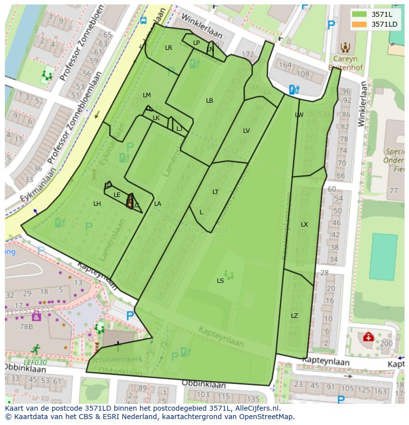 Afbeelding van het postcodegebied 3571 LD op de kaart.