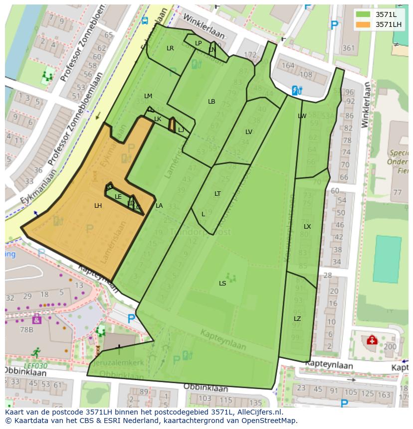 Afbeelding van het postcodegebied 3571 LH op de kaart.