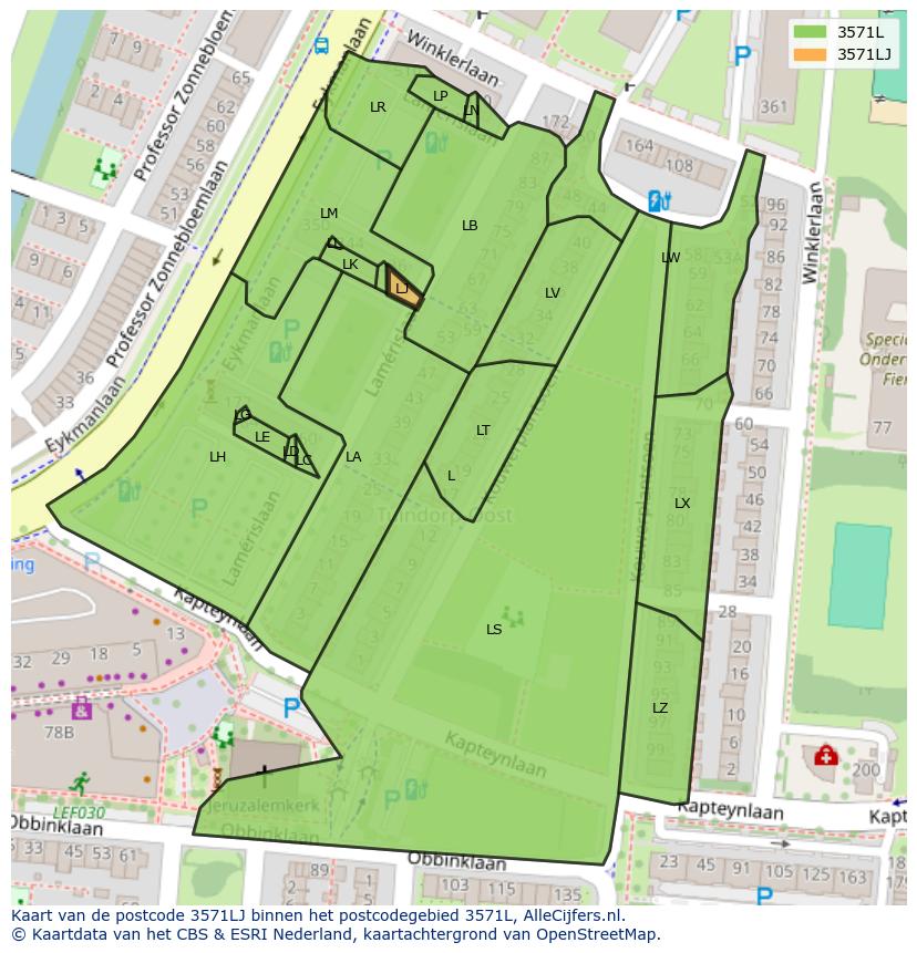 Afbeelding van het postcodegebied 3571 LJ op de kaart.