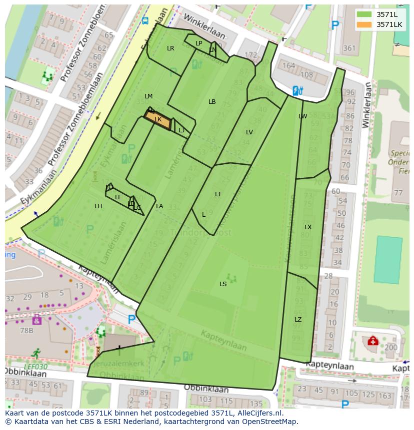 Afbeelding van het postcodegebied 3571 LK op de kaart.