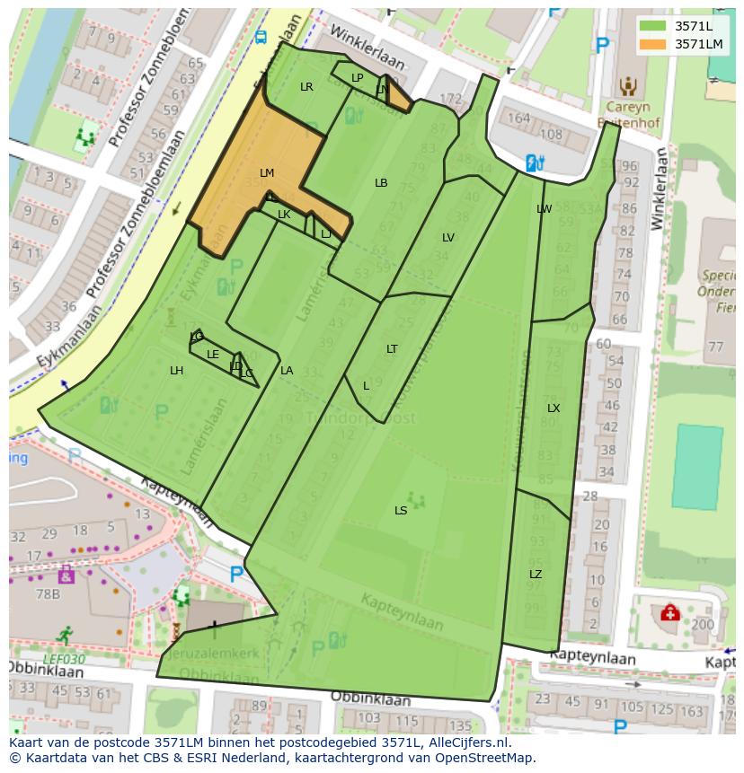 Afbeelding van het postcodegebied 3571 LM op de kaart.
