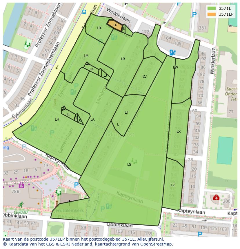 Afbeelding van het postcodegebied 3571 LP op de kaart.