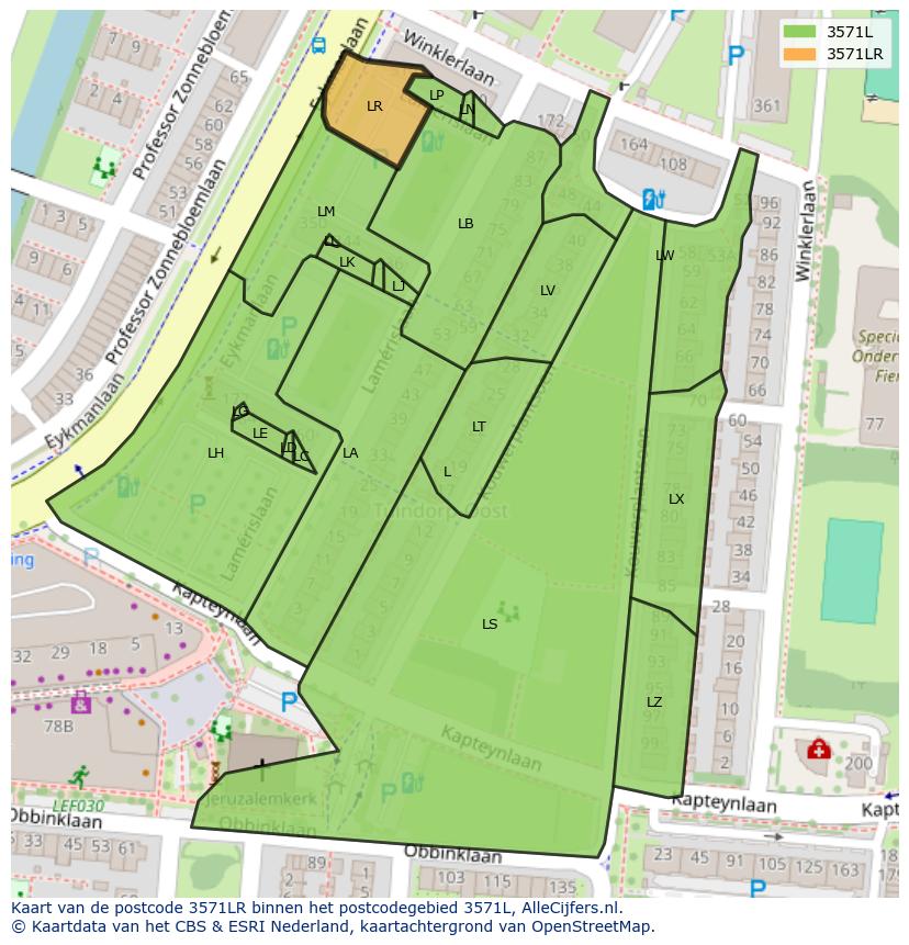 Afbeelding van het postcodegebied 3571 LR op de kaart.