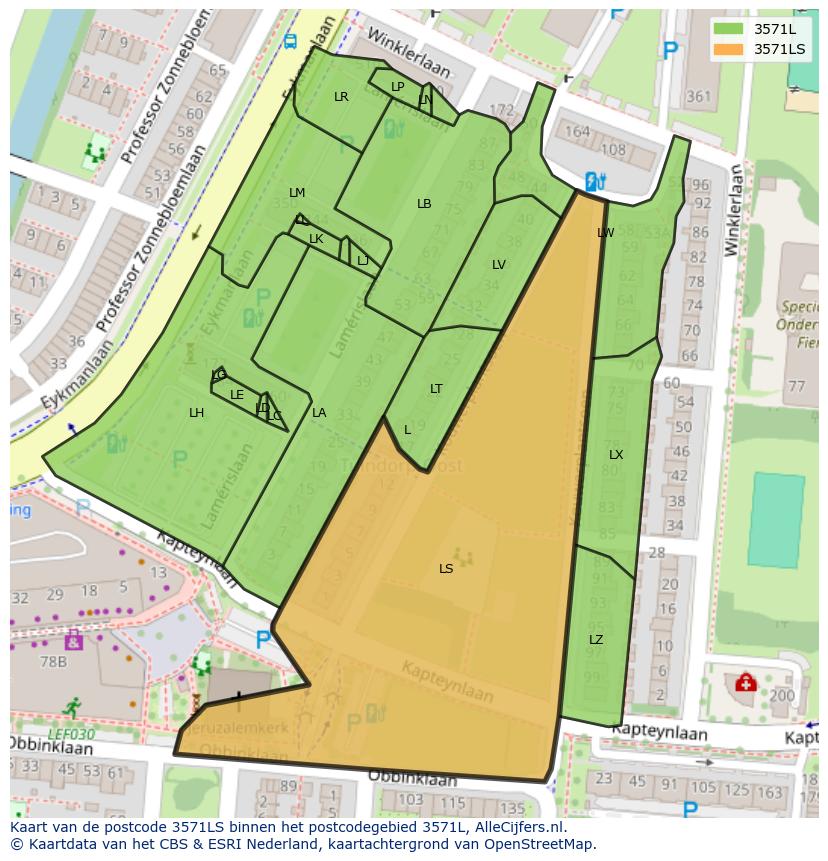 Afbeelding van het postcodegebied 3571 LS op de kaart.