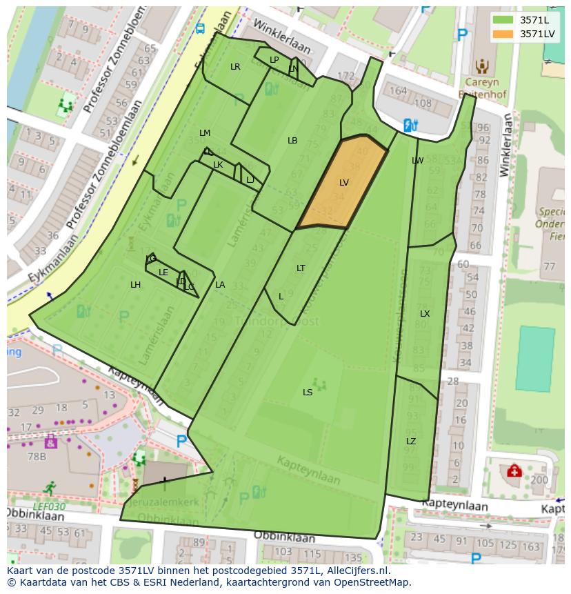 Afbeelding van het postcodegebied 3571 LV op de kaart.