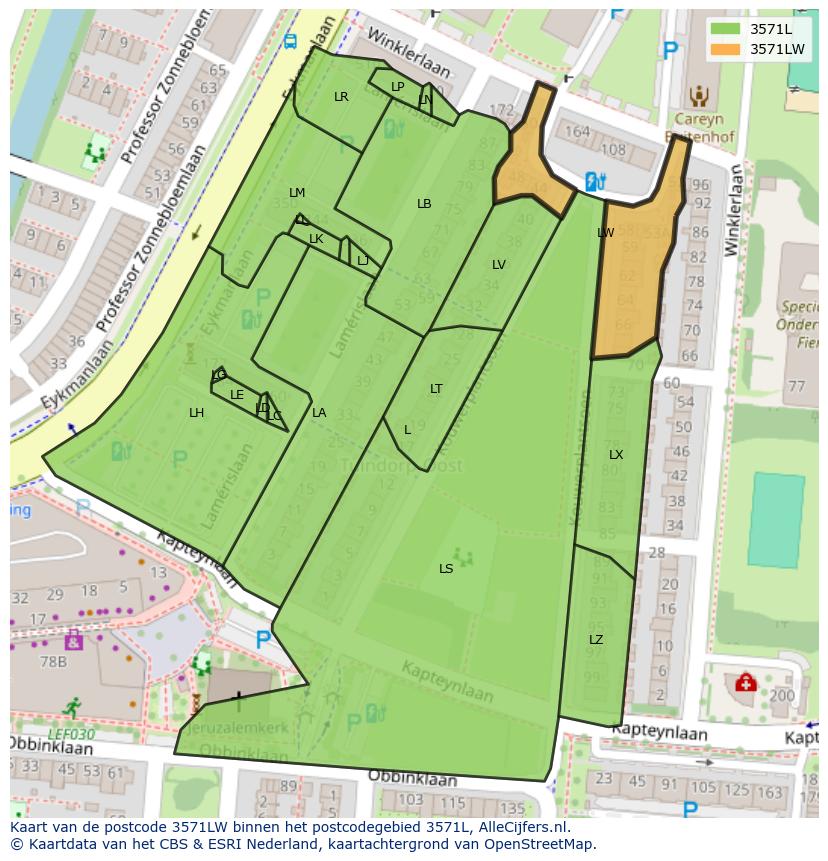 Afbeelding van het postcodegebied 3571 LW op de kaart.