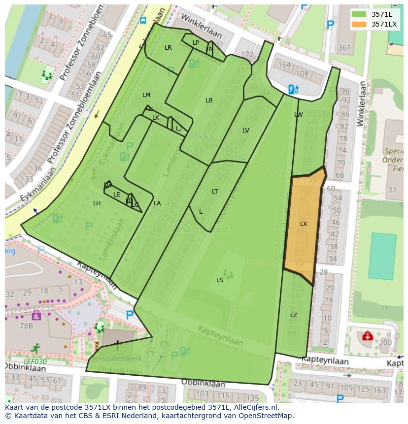 Afbeelding van het postcodegebied 3571 LX op de kaart.