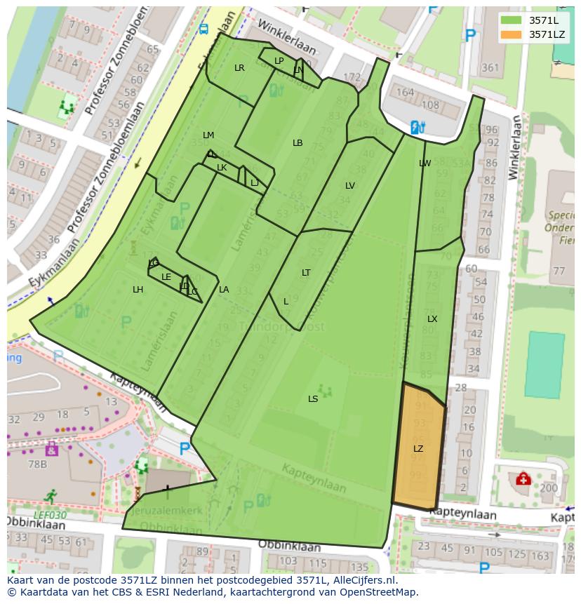 Afbeelding van het postcodegebied 3571 LZ op de kaart.