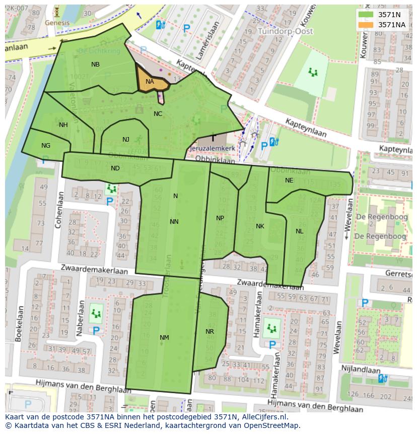 Afbeelding van het postcodegebied 3571 NA op de kaart.