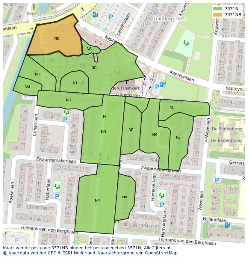 Afbeelding van het postcodegebied 3571 NB op de kaart.