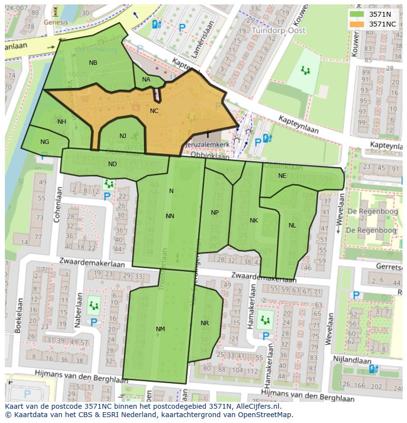 Afbeelding van het postcodegebied 3571 NC op de kaart.