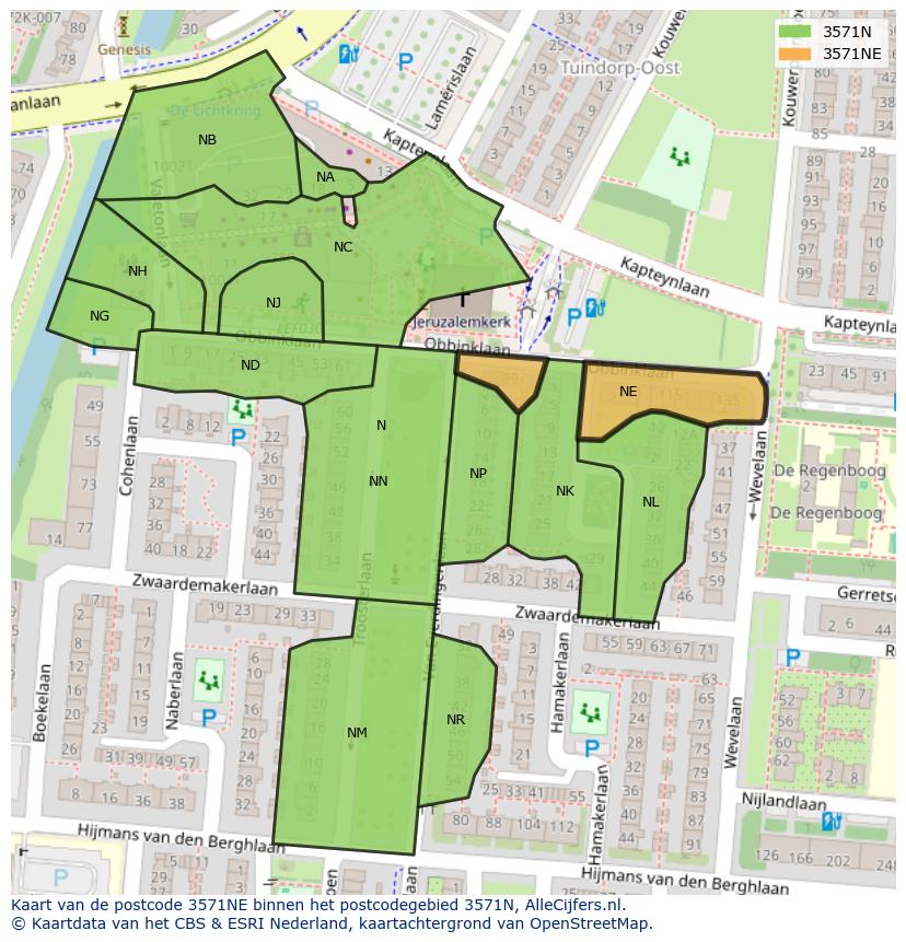 Afbeelding van het postcodegebied 3571 NE op de kaart.