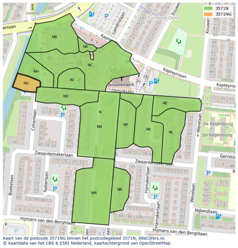 Afbeelding van het postcodegebied 3571 NG op de kaart.