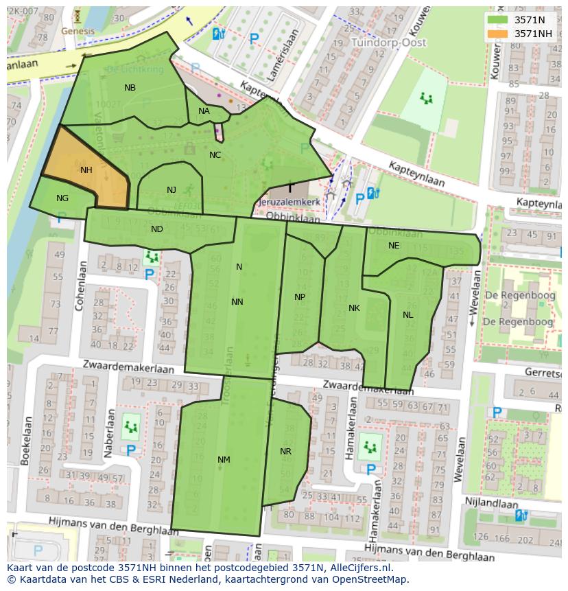 Afbeelding van het postcodegebied 3571 NH op de kaart.