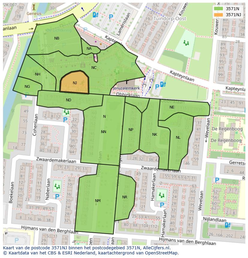 Afbeelding van het postcodegebied 3571 NJ op de kaart.