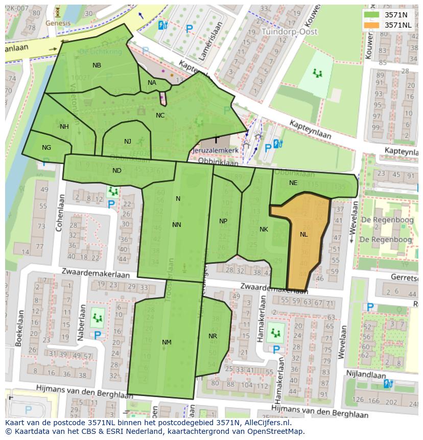 Afbeelding van het postcodegebied 3571 NL op de kaart.