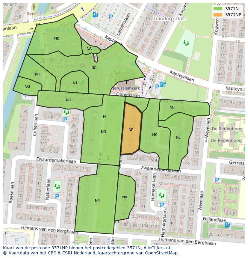 Afbeelding van het postcodegebied 3571 NP op de kaart.