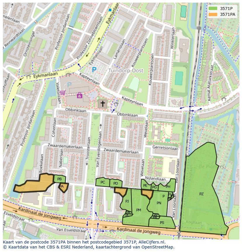Afbeelding van het postcodegebied 3571 PA op de kaart.