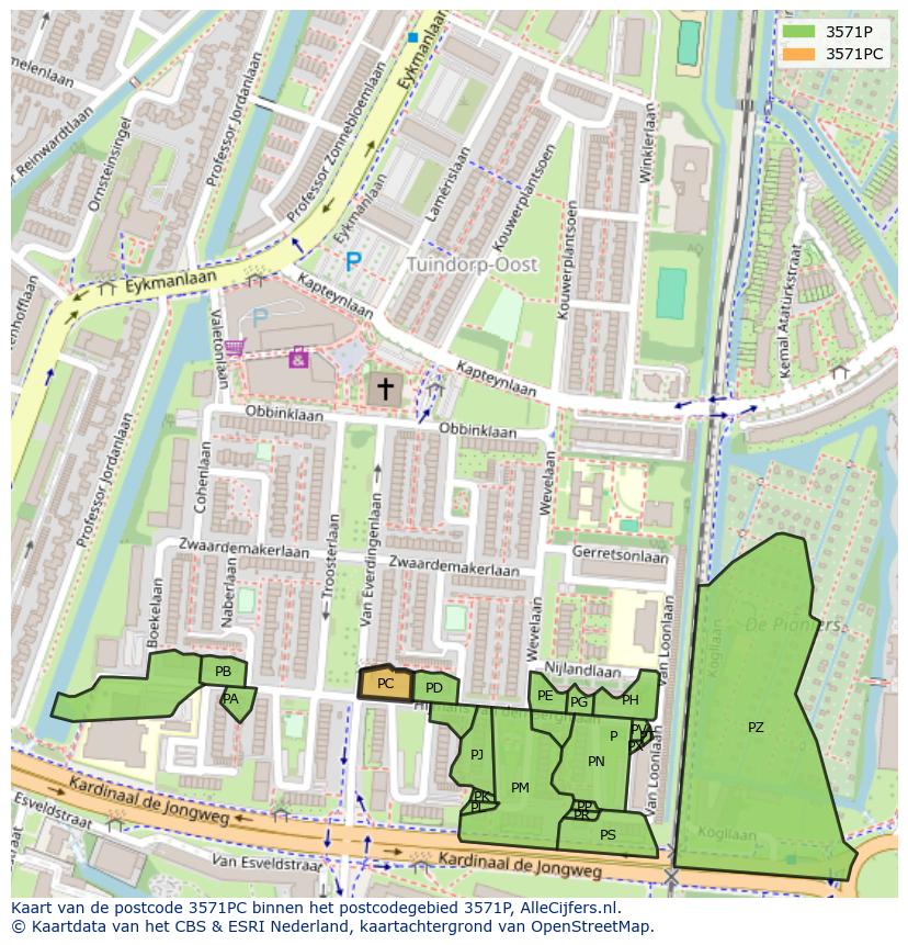 Afbeelding van het postcodegebied 3571 PC op de kaart.